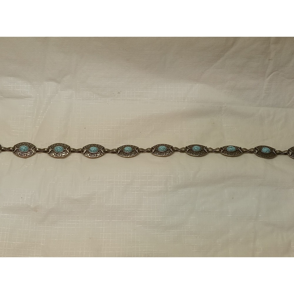 Western Silver Faux Turquoise Oval Concho Link Adjustable Chain Belt Boho